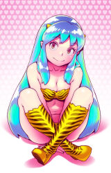 Rule 34 | 1girl, animal print, aqua hair, bare shoulders, bikini, blue hair, boots, breasts, cleavage, commentary request, cone horns, crossed ankles, full body, heart, highres, hijiri rei, horns, knee boots, looking at viewer, lum, medium breasts, multicolored hair, navel, oni, patterned background, pointy ears, print bikini, print footwear, sidelocks, sitting, smile, solo, strapless, strapless bikini, swimsuit, tiger print, two-tone hair, urusei yatsura, v arms, yellow eyes