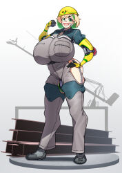 Rule 34 | 1girl, absurdres, android, android (konoshige), barcode, barcode tattoo, blonde hair, breasts, curvy, full body, green eyes, green hair, hard hat, helmet, highres, hip vent, huge breasts, i-beam, konoshige (ryuun), looking at viewer, multicolored hair, open mouth, original, overalls, shiny skin, short hair, smile, solo, standing, tattoo, thick eyebrows, thick thighs, thighs, two-tone hair, wide hips