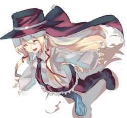 Rule 34 | 1girl, blonde hair, closed eyes, cloth road, fedora, from above, hair ribbon, hat, jennifer (cloth road), kusanagi kikoku, long hair, necktie, outstretched arms, ribbon, simple background, skirt, smile, solo, standing