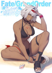 Rule 34 | 1girl, absurdres, animal ears, azusa (hws), bare shoulders, bikini, black bikini, blue eyes, body markings, breasts, caenis (fate), caenis (swimsuit rider) (fate), caenis (swimsuit rider) (first ascension) (fate), cleavage, collarbone, copyright name, fate/grand order, fate (series), goggles, grin, hairband, highres, knee up, large breasts, long hair, looking at viewer, nail polish, navel, one eye closed, sandals, seashell, shell, shore, sitting, smile, solo, swimsuit, thighs, translation request, very long hair, white hair