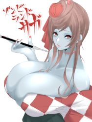 Rule 34 | 10s, 1girl, aizawa marimo, bare shoulders, breasts, brown hair, cleavage, hair ornament, highres, huge breasts, japanese clothes, kimono, lipstick, makeup, nail polish, off shoulder, smoking pipe, red eyes, scar, solo, text focus, translation request, upper body, yuugiri (zombie land saga), zombie, zombie land saga
