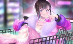 Rule 34 | 1girl, :d, aqua hair, black hair, blue nails, blurry, blurry background, blush, breasts, cleavage, commentary, english commentary, indoors, jacket, long sleeves, multicolored hair, nail polish, open mouth, original, pants, pink jacket, pink pants, purple eyes, shopping cart, sitting, smile, solo, streaked hair, two-tone hair, uosaasou