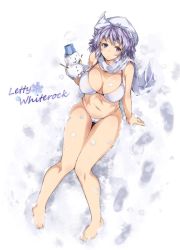 Rule 34 | 1girl, bare arms, bare legs, bare shoulders, barefoot, bikini, breasts, bucket, character name, cleavage, expressionless, from above, full body, hat, large breasts, letty whiterock, light purple hair, looking at viewer, ototobe, purple eyes, scarf, snow, snowman, solo, string bikini, swimsuit, thigh gap, touhou, white background, white bikini, white hat, white scarf