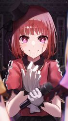 Rule 34 | 1girl, absurdres, adjusting clothes, adjusting gloves, arima kana, black ribbon, black skirt, blunt bangs, blurry, blurry background, blurry foreground, blush, close-up, collared jacket, commentary, depth of field, gloves, hat, hat ribbon, highres, holding, holding microphone, idol, jacket, looking at viewer, medium hair, microphone, mini hat, mini top hat, oshi no ko, pink eyes, puffy short sleeves, puffy sleeves, red hair, red jacket, ribbon, shiny skin, short sleeves, skirt, smug, solo focus, stage, sweat, tare negima, top hat, upper body, v-shaped eyebrows, white gloves