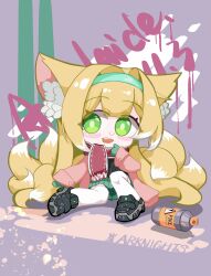 Rule 34 | 1girl, absurdres, adelaide (user teuz4733), alternate costume, animal ear fluff, animal ears, aqua hairband, arknights, black footwear, blush stickers, chibi, chinese commentary, commentary request, fox ears, fox girl, fox tail, full body, graffiti, green eyes, green mittens, green skirt, hairband, highres, jacket, kitsune, kyuubi, long sleeves, looking at viewer, miniskirt, mittens, multiple tails, open mouth, pink jacket, pleated skirt, red scarf, scarf, shoes, skirt, sneakers, solo, spray can, spray paint, suzuran (arknights), tail, teeth, thighhighs, upper teeth only, white thighhighs