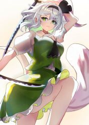 Rule 34 | 1girl, absurdres, ascot, black ascot, black hairband, chirihouki, closed mouth, frilled skirt, frills, ghost, green eyes, green skirt, green vest, grey hair, hairband, highres, holding, holding sword, holding weapon, katana, konpaku youmu, konpaku youmu (ghost), looking at viewer, multiple swords, open mouth, puffy short sleeves, puffy sleeves, short hair, short sleeves, simple background, skirt, solo, sword, touhou, v-shaped eyebrows, vest, weapon, white background