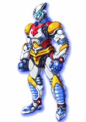 Rule 34 | blue eyes, clenched hands, glowing, glowing eyes, godzilla (series), gotou masayuki, highres, jet jaguar, joints, mecha, no humans, redesign, robot, robot joints, science fiction, simple background, solo, super robot, white background
