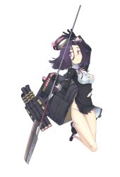 Rule 34 | 1girl, ayaki, black gloves, breasts, closed mouth, dress, frown, full body, glaive (polearm), gloves, halo, highres, kantai collection, mechanical halo, medium breasts, mole, mole under eye, neck ribbon, official art, pleated dress, polearm, purple eyes, purple hair, red ribbon, ribbon, rigging, school uniform, short hair, solo, tatsuta (kancolle), torn clothes, torpedo, transparent background, underbust