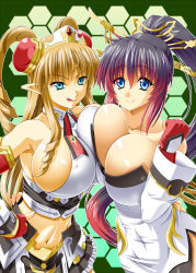 Rule 34 | 2girls, :p, aqua eyes, asymmetrical docking, blue eyes, breast press, breasts, bursting breasts, covered erect nipples, crown, dress, fingerless gloves, gloves, gradient hair, hair ornament, hand on own hip, honeycomb (pattern), honeycomb background, honeycomb pattern, huge breasts, izta, kumashiro izuta, long hair, looking at viewer, midriff, multicolored hair, multiple girls, nanbu kaguya, naughty face, neige hausen, ponytail, side slit, sideboob, skirt, tight clothes, tight dress, tongue, tongue out, twintails, white dress