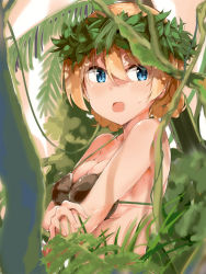 Rule 34 | 10s, 1girl, :o, bare arms, bare shoulders, blonde hair, blue eyes, blush, bound, bound wrists, braid, branch, breasts, cleavage, coconut bra, commentary request, darjeeling (girls und panzer), from side, girls und panzer, hand on own arm, head wreath, highres, leaf, looking at viewer, looking to the side, medium breasts, open mouth, shaded face, short hair, shuiro (frog-16), solo, strap gap, sweatdrop, upper body