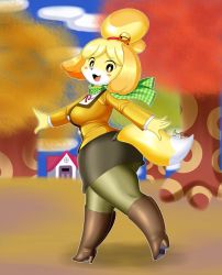 Rule 34 | 1girl, animal crossing, ass, black eyes, blonde hair, boots, furry, furry female, high heel boots, high heels, huge ass, isabelle (animal crossing), knee boots, looking at viewer, nintendo, open mouth, pantyhose, scarf, short hair, skirt, solo, tasogare aozora, thick thighs, thighhighs, thighs, wide hips