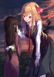 Rule 34 | 2girls, aged up, alternate hair length, alternate hairstyle, black hair, black skirt, blonde hair, breasts, cloud, commentary request, cowboy shot, eye contact, grass, hair between eyes, hand on another&#039;s cheek, hand on another&#039;s face, height difference, highres, japanese clothes, kimono, leaning forward, long hair, long sleeves, looking at another, low-tied long hair, medium breasts, multiple girls, necktie, obi, outdoors, parted lips, purple kimono, red eyes, red neckwear, roke (taikodon), rumia, sash, shirt, skirt, skirt set, smile, standing, touhou, very long hair, white shirt