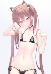 Rule 34 | 1girl, absurdres, animal ear fluff, animal ears, bare arms, bare shoulders, bell, bikini, black bikini, black choker, blush, breasts, brown hair, cat hair ornament, choker, closed mouth, collarbone, commentary request, gradient background, grey background, groin, hair between eyes, hair ornament, hands up, head tilt, highres, jingle bell, long hair, navel, neck bell, original, red eyes, shinigami (tukiyomiikuto), side-tie bikini bottom, sidelocks, small breasts, solo, swimsuit, twintails, very long hair, white background