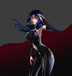 Rule 34 | 1girl, axia-chan, blue hair, breasts, bridal gauntlets, cape, ciel (tsukihime), clothing cutout, elesia, grey background, hair between eyes, hand in own hair, highres, large breasts, nail polish, navel, navel cutout, red eyes, red nails, sideboob, skin tight, smile, solo, tsukihime