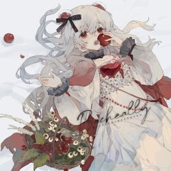Rule 34 | 1girl, :o, absurdres, apple, bacheally, bad source, bag, basket, black ribbon, bow, braid, cape, collar, collarbone, commission, cowboy shot, detached collar, dress, flower, food, frilled collar, frilled dress, frilled sleeves, frills, fruit, hair bow, hair ornament, hair ribbon, hands up, highres, holding, holding basket, holding food, holding fruit, hood, hood down, long hair, long sleeves, looking at viewer, lying, on back, on floor, open mouth, original, puffy long sleeves, puffy sleeves, red apple, red cape, red eyes, ribbon, sample watermark, shoulder bag, snow, solo, teeth, very long hair, watermark, weibo logo, weibo watermark, white background, white dress, white flower, white hair