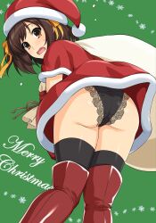 Rule 34 | 1girl, ass, blush, boots, brown eyes, brown hair, dress, embarrassed, from behind, hairband, haruhisky, hat, highres, holding, holding sack, lingerie, looking at viewer, looking back, merry christmas, open mouth, orange hairband, panties, sack, santa dress, santa hat, short hair, suzumiya haruhi, suzumiya haruhi no yuuutsu, thigh boots, thighhighs, underwear, upskirt, wavy mouth