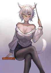 Rule 34 | 1girl, animal ears, black pantyhose, book, breasts, cat ears, cat tail, crossed legs, dark-skinned female, dark skin, facial mark, final fantasy, final fantasy xiv, glasses, gradient background, grey eyes, hair between eyes, invisible chair, large breasts, looking at viewer, miqo&#039;te, neck tattoo, off-shoulder sweater, off shoulder, pantyhose, sitting, skirt, smile, solo, sweater, tail, tattoo, vetina, wand, whisker markings, white hair, y&#039;shtola rhul