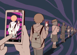 Rule 34 | absurdres, avogado6, backpack, bag, black pants, boots, brown hair, business suit, cellphone, commentary request, facing away, formal, from behind, grey hair, highres, holding, holding phone, hood, hood down, original, pants, people, phone, fake phone screenshot, pov, pov hands, recursion, school uniform, serafuku, smartphone, standing, suit, symbolism, taking picture, twintails