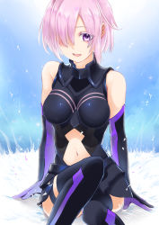 Rule 34 | 1girl, :d, annojou haruto, armor, armored leotard, black leotard, black thighhighs, breasts, breasts apart, clothing cutout, elbow gloves, fate/grand order, fate (series), gloves, hair over one eye, highres, leotard, mash kyrielight, medium breasts, midriff, navel, navel cutout, open mouth, pink hair, purple eyes, short hair, sitting, smile, solo, stomach, thighhighs