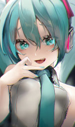 Rule 34 | 1girl, :d, aqua eyes, aqua hair, aqua necktie, armpit crease, bad id, bad twitter id, bare shoulders, black sleeves, blurry, blurry background, breasts, commentary, detached sleeves, furrowed brow, grey shirt, hair ornament, hands up, hatsune miku, headphones, heart, heart in eye, long hair, looking at viewer, necktie, open mouth, rsk (tbhono), shirt, sleeveless, sleeveless shirt, small breasts, smile, solo, symbol-only commentary, symbol in eye, tongue, tongue out, translated, twintails, upper body, vocaloid