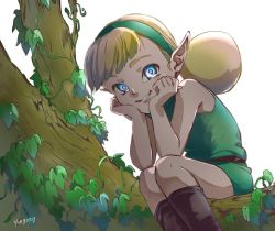 Rule 34 | 1girl, artist request, blonde hair, blue eyes, bright pupils, fado (ocarina of time), grin, hands on own cheeks, hands on own face, ivy, kokiri, log, looking at viewer, nintendo, pointy ears, sitting, smile, solo, source request, the legend of zelda, the legend of zelda: ocarina of time, twintails, white pupils