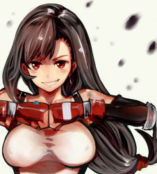 Rule 34 | 1990s (style), 1girl, bare shoulders, black hair, blush, breasts, covered erect nipples, final fantasy, final fantasy vii, fist bump, gloves, grin, long hair, looking at viewer, red eyes, smile, solo, tanuki (pixiv1596699), tifa lockhart, upper body