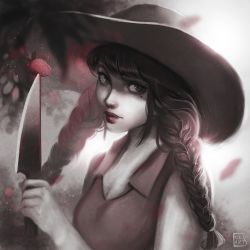 Rule 34 | 1girl, artist logo, artist name, black hair, braid, celiarts, colored skin, food, freckles, fruit, grey eyes, grey skin, hat, holding, holding knife, kitchen knife, knife, looking at viewer, mole, mole under eye, muted color, nose, original, solo, strawberry, twin braids