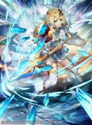 Rule 34 | 1girl, bag, blonde hair, blue eyes, blue hair, cape, closed mouth, company name, copyright name, dress, earrings, feather trim, fire emblem, fire emblem cipher, fire emblem heroes, fjorm (fire emblem), full body, gradient hair, holding, holding weapon, ice, jewelry, long sleeves, multicolored hair, nintendo, official art, polearm, short dress, short hair, shoulder bag, solo, spear, thighhighs, umiu geso, weapon