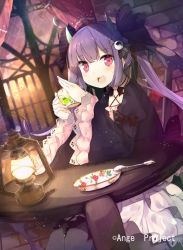 Rule 34 | 10s, 1girl, ange vierge, benio (dontsugel), cup, demon horns, dress, frills, hair ornament, horns, lantern, long hair, long sleeves, looking at viewer, nmaaaaa, open mouth, original, pink eyes, purple hair, red eyes, saucer, sitting, smile, solo, spoon, table, teacup, twintails