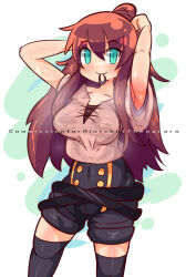 Rule 34 | 1girl, absurdres, armpits, arms up, bleuzer, breasts, brown hair, collarbone, commission, english text, green eyes, hair tie, hair tie in mouth, highres, long hair, looking at viewer, medium breasts, mouth hold, original, pants, pants rolled up, short sleeves, simple background, smile, sweat, sweaty clothes, thigh gap, thighhighs, tying hair