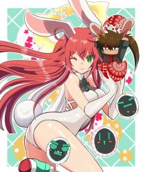 Rule 34 | 1boy, 1girl, animal ears, ankh, breasts, brown hair, chibi, cleavage, colored inner hair, easter egg, egg, elbow gloves, fake animal ears, fake tail, gloves, green eyes, guilty gear, guilty gear strive, hair between eyes, halo, headband, highres, jack-o&#039; valentine, knight servant, large breasts, leotard, long hair, looking at viewer, multicolored hair, one eye closed, playboy bunny, rabbit ears, rabbit girl, rabbit tail, red hair, sol badguy, spiked hair, spiked halo, strapless, strapless leotard, tail, two-tone hair, ume (okum 00), white gloves, white hair, white leotard