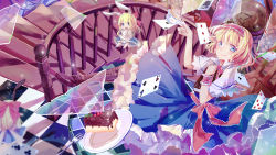 Rule 34 | 1girl, alice margatroid, animal ears, blonde hair, blue eyes, blush, book, boots, bow, broken glass, cake, capelet, card, checkered floor, cross-laced footwear, cup, doll, dress, food, fork, frilled dress, frills, glass, hair bow, hairband, hand on own chest, highres, holding, holding book, long hair, looking at viewer, neko tanabata, plate, playing card, pocket watch, rabbit ears, ribbon, shanghai doll, smile, stairs, teacup, touhou, watch, wrist cuffs