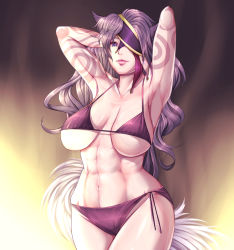 Rule 34 | 1girl, abs, animal ears, armpits, arms up, bikini, breasts, artistic error, eyepatch, female focus, fire emblem, fire emblem: radiant dawn, hands in hair, harihisa, large breasts, lips, long hair, muscular, muscular female, nailah (fire emblem), navel, nintendo, parted lips, purple bikini, purple eyes, purple hair, sagging breasts, side-tie bikini bottom, smile, solo, swimsuit, tail, toned, underboob, very long hair, wide hips, wolf ears, wolf tail