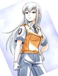 Rule 34 | 1girl, anbj, brown eyes, clenched hand, cosplay, gloves, hand on own hip, idolmaster, idolmaster cinderella girls, kidou keisatsu patlabor, long hair, name connection, necktie, police, police uniform, silver hair, solo, takamine noa, uniform, uniform vest, white gloves