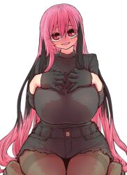Rule 34 | 1girl, alternate hairstyle, bat wings, black hair, black wings, breasts, commentary request, hair down, hands on own chest, head wings, highres, huge breasts, kneeling, light blush, long hair, looking at viewer, low wings, multicolored hair, multiple wings, official alternate hairstyle, pink hair, pointy ears, shorts, sidelocks, slit pupils, smile, solo, sumire (yakunitatsu node chi o kudasai), thighhighs, two-tone hair, vampire, very long hair, white background, wings, yakunitatsu node chi o kudasai, zyugoya