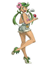 Rule 34 | 1girl, ass, bare arms, bare legs, blue bow, bow, breasts, creatures (company), dark-skinned female, dark skin, flower, from side, full body, game freak, genzoman, green eyes, green footwear, green hair, hair flower, hair ornament, holding, ladle, leaf, leg up, long hair, looking at viewer, mallow (pokemon), matching hair/eyes, nintendo, open mouth, overalls, poke ball, poke ball (basic), pokemon, pokemon sm, round teeth, shoes, sideboob, skin tight, small breasts, solo, teeth, throwing poke ball, tiptoes, trial captain, twintails, white background