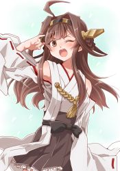 Rule 34 | 1girl, ahoge, aiguillette, arm at side, arm up, armpits, bare shoulders, blush, breasts, brown eyes, brown hair, closed eyes, collarbone, cowboy shot, detached sleeves, double bun, floating hair, hair bun, hair intakes, hair ornament, hairband, headgear, high-waist skirt, japanese clothes, kantai collection, kongou (kancolle), long hair, looking at viewer, medium breasts, nontraditional miko, one eye closed, open mouth, sidelocks, skirt, smile, solo, suiki isuka, tassel, wide sleeves