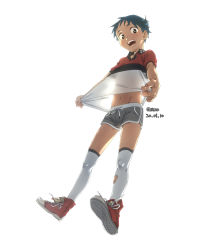 Rule 34 | 1boy, absurdres, artist name, black hair, blush, brown eyes, dated, full body, glimo, high tops, highres, kneehighs, looking at viewer, male focus, navel, open mouth, original, see-through, shadow, short shorts, shorts, simple background, smile, sneakers, socks, solo, white background, white socks