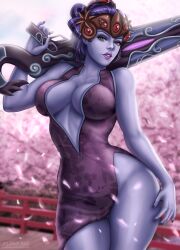 Rule 34 | 1girl, absurdres, alternate costume, artist logo, black lily widowmaker, blizzard (company), breasts, chinese new year, chinese zodiac, cleavage, colored skin, curvy, deviantart username, dress, feet, female focus, flowerxl, hanamura (map), hand on weapon, highres, large breasts, long hair, looking at viewer, no panties, overwatch, purple dress, purple eyes, purple skin, solo, thick body, thighs, wide hips, widowmaker (overwatch), year of the dog, yellow eyes