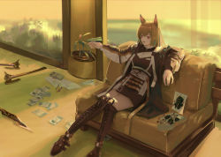 Rule 34 | 1girl, 7ife, absurdres, animal ears, arknights, axe, bad id, bad pixiv id, black dress, black footwear, boots, brown hair, ceobe (arknights), commentary, couch, cross-laced footwear, doctor (arknights), drawing, dress, highres, holding, huge filesize, knee boots, lace-up boots, long hair, long sleeves, paper airplane, red eyes, short dress, sitting, solo, thighhighs, weapon, zettai ryouiki