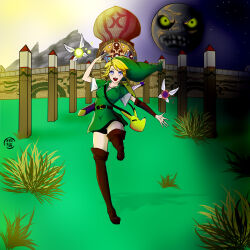 Rule 34 | 1girl, absurdres, blonde hair, blue eyes, boots, brown footwear, cape, colorful, genderswap, genderswap (mtf), green cape, green tunic, highres, link, looking at viewer, master sword, nintendo, open mouth, pointy ears, self-upload, smile, solo, sword, tael, tatl, the legend of zelda, the legend of zelda: majora&#039;s mask, weapon, weapon on back