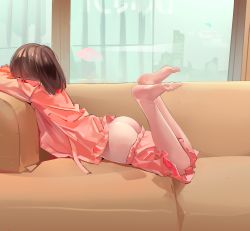 Rule 34 | 1girl, absurdres, ass, barefoot, brown hair, butt crack, cityscape, clothes pull, couch, falsewander, feet up, highres, lying, medium hair, on couch, on stomach, pajamas, pants, pants pull, pink pajamas, solo, window