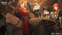 Rule 34 | 1boy, 5girls, :d, absurdres, alcohol, animal ears, archery shooting glove, archetto (arknights), arknights, arm support, armor, bagpipe (arknights), barrel, beer mug, big bob (arknights), black dress, black gloves, black headwear, black jacket, black thighhighs, blonde hair, breasts, cape, chinese commentary, commentary request, cup, dragon girl, dragon horns, dress, gloves, grani (arknights), green jacket, happy, hat, helmet, heterochromia, highres, holding, holding cup, holding plate, horns, horse ears, horse girl, indoors, infection monitor (arknights), jacket, long hair, looking at another, medium breasts, mudrock (arknights), mudrock (elite ii) (arknights), mug, multiple girls, open clothes, open jacket, open mouth, orange hair, partially fingerless gloves, plate, pleated skirt, purple eyes, red cape, red eyes, red skirt, rhodes island logo (arknights), silver hair, sitting, skadi (arknights), skirt, smile, table, tavern, thighhighs, thighs, very long hair, weibo watermark, yayako (804907150)