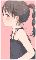 Rule 34 | 1girl, bare arms, bare shoulders, black dress, black hair, blush, brown eyes, collarbone, commentary request, dress, frilled dress, frills, from side, gomennasai, highres, long hair, looking at viewer, looking to the side, original, pink background, ponytail, profile, sleeveless, sleeveless dress, solo