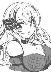 Rule 34 | 1girl, absurdres, altea aquila (jain no ikenie), bare shoulders, black dress, blush, breasts, cleavage, dress, flower, hair flower, hair ornament, highres, jain no ikenie, large breasts, long hair, monochrome, open mouth, partially colored, simple background, sinocya nanami, solo, teeth, upper teeth only, white background