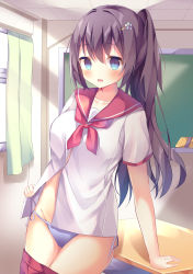Rule 34 | 1girl, absurdres, arm support, bad id, bad pixiv id, blue eyes, blue flower, blue panties, blush, breasts, brown hair, chalkboard, clothes pull, collarbone, commentary request, curtains, day, desk, fingernails, flower, groin, hair between eyes, hair flower, hair ornament, hairclip, highres, indoors, long hair, medium breasts, neckerchief, open mouth, original, panties, pleated skirt, red neckerchief, red sailor collar, red skirt, sailor collar, school desk, school uniform, serafuku, shirt, short sleeves, side-tie panties, side ponytail, sidelocks, skirt, skirt pull, solo, sunlight, tile roof, tsuruse, underwear, very long hair, white shirt, window