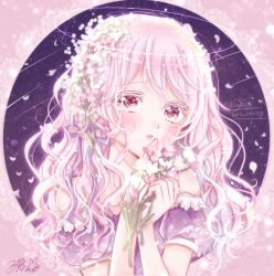 Rule 34 | 1girl, angel, angel wings, arm scrunchie, artist name, bow, circlet, detached sleeves, fantasy, flower, frills, glint, hair bow, hair flower, hair ornament, halo, holding, holding flower, kousagi, light blush, light rays, looking at viewer, original, pink eyes, pink flower, pink hair, pink theme, purple bow, short sleeves, signature, sparkle, tareme, wavy hair, white flower, wings