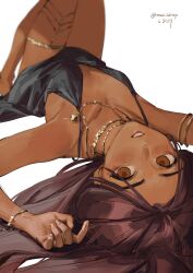 Rule 34 | 1girl, barefoot, black dress, blush, bracelet, breasts, brown eyes, brown hair, dark-skinned female, dark skin, demi (nashidrop), dress, gold necklace, highres, jewelry, long hair, looking at viewer, lying, nashidrop, necklace, on back, original, small breasts, solo, white background