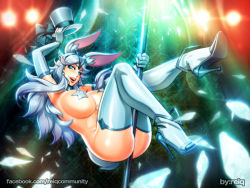 Rule 34 | 1girl, animal ears, ass, between buttocks, blue eyes, boots, breasts, female focus, gaia online, hat, high heel boots, high heels, large breasts, original, pasties, pole, pole dancing, rabbit ears, reiq, smile, solo, sponty (teh cait), stripper pole, top hat
