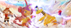 Rule 34 | 1girl, ambipom, ampharos, attack, battle, bike shorts, blue eyes, blurry, blurry background, bow hairband, brown hair, commentary request, creatures (company), depth of field, electricity, eye contact, fanny pack, game freak, gen 2 pokemon, gen 4 pokemon, hairband, hands up, long hair, looking at another, may (pokemon), mega pokemon, nintendo, outstretched arm, pointing, pokemon, pokemon (creature), pokemon oras, red hairband, red tank top, shorts, tank top, teeth, white shorts, yakkun